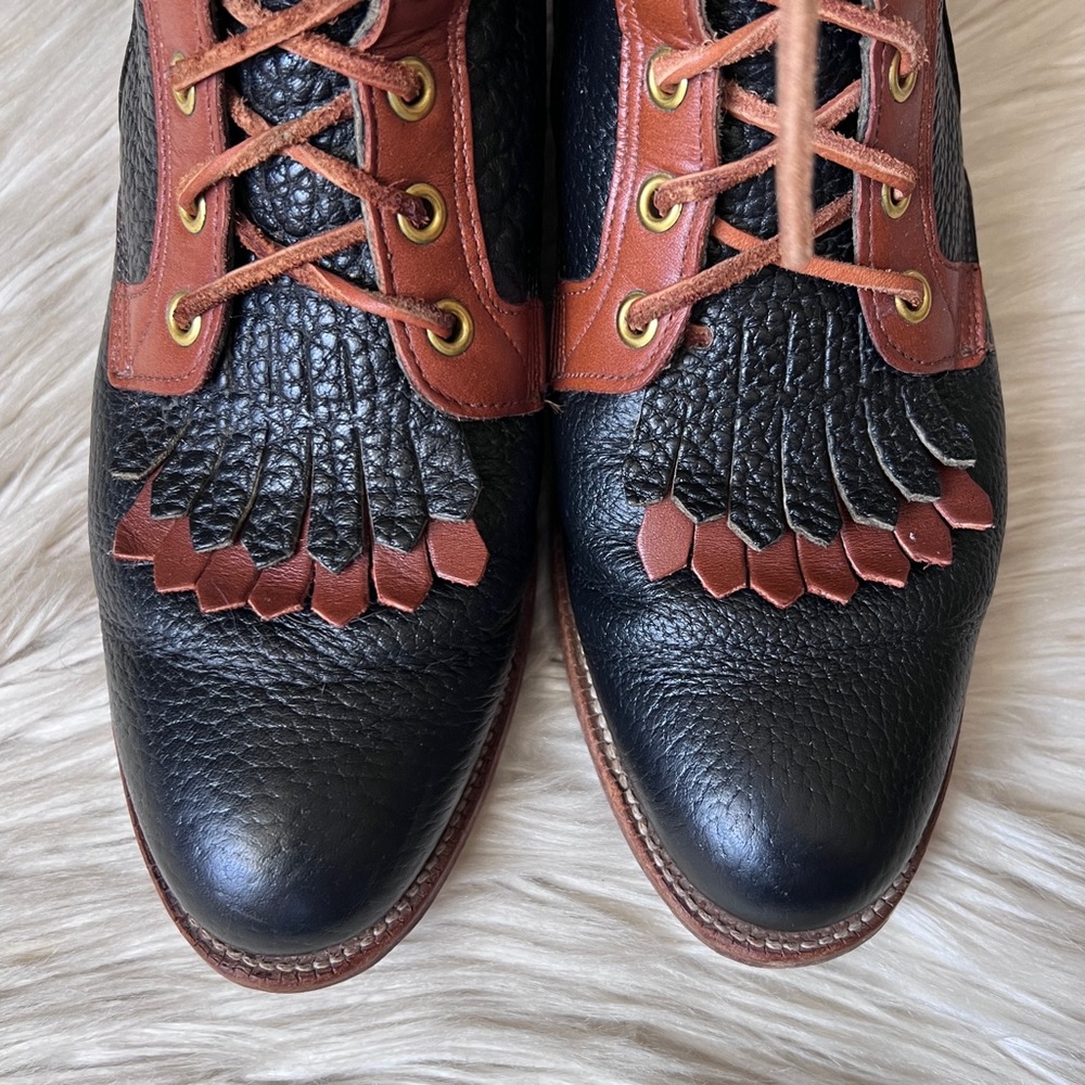 90s JUSTIN Vintage Kiltie Navy & Brown Leather Roper Cowboy Boots 7.5 Prairie - Picture 6 of 14